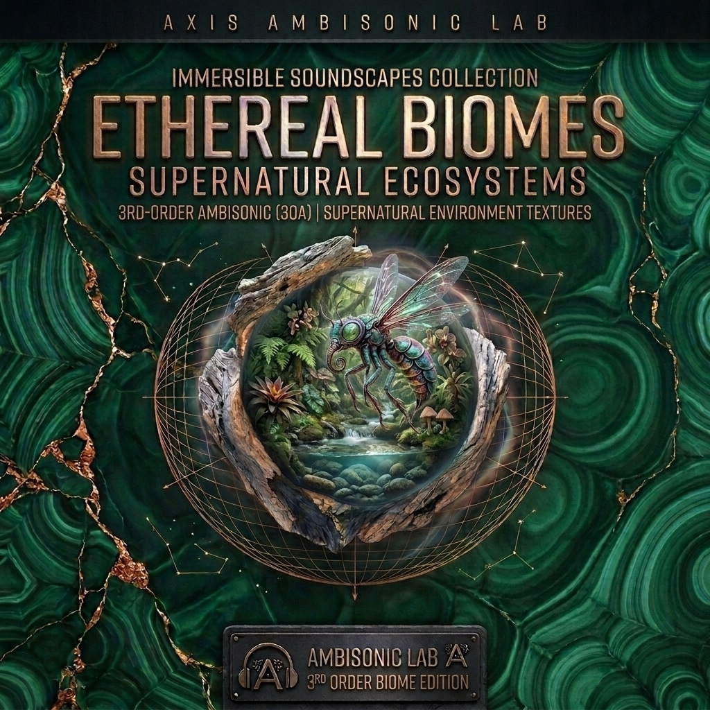 A fantasy-themed album cover showing a large insect above a pond in a magical forest, with swirling green patterns and gold text describing ethereal and supernatural soundscapes.