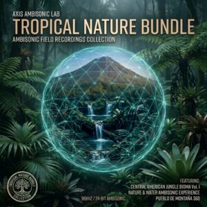 A glowing digital sphere overlays a lush jungle scene with a mountain and waterfall. The text “Tropical Nature Bundle: Ambisonic Field Recordings Collection” appears, listing features such as jungle sounds and 24-bit ambisonic audio.