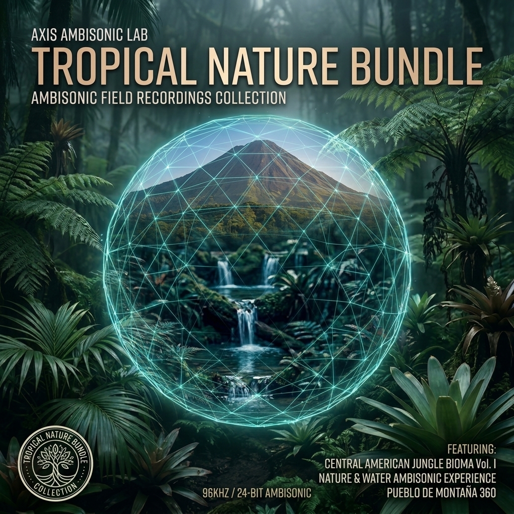 A glowing digital sphere overlays a lush jungle scene with a mountain and waterfall. The text “Tropical Nature Bundle: Ambisonic Field Recordings Collection” appears, listing features such as jungle sounds and 24-bit ambisonic audio.
