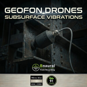 Close-up of a geophone sensor mounted on a metal beam in an industrial environment, with visible text referencing “Geofon Drones: Subsurface Vibrations” and product information for the sound recording release.