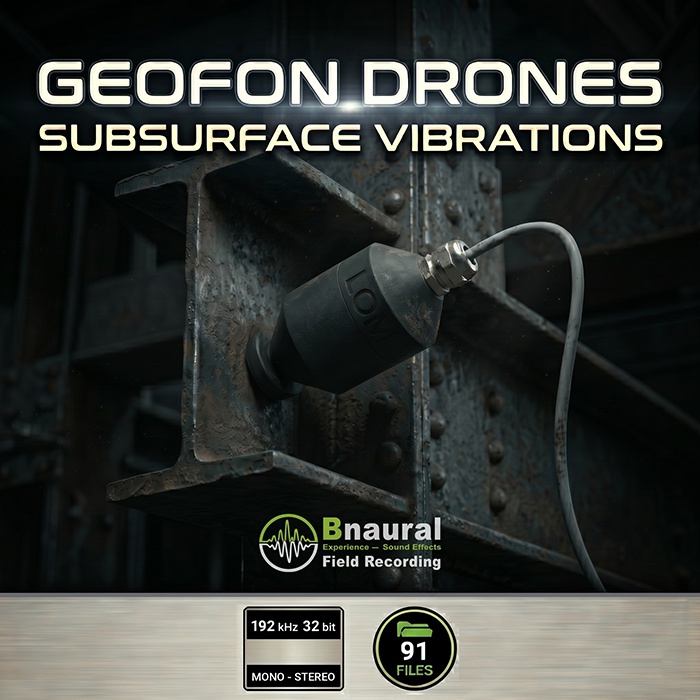 Close-up of a geophone sensor mounted on a metal beam in an industrial environment, with visible text referencing “Geofon Drones: Subsurface Vibrations” and product information for the sound recording release.