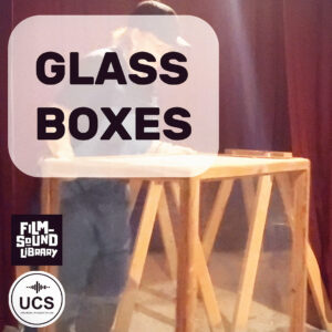 A person stands on stage behind a large glass box. The text “GLASS BOXES” is displayed, with the Film Sound Library and UCS logos in the lower left corner.
