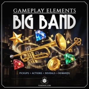 A golden trumpet adorned with gems, a star, and a key positioned in front of a stage. The text reads: “Gameplay Elements Big Band. Pickups · Actions · Reveals · Rewards.” The background is dark with spotlights illuminating the scene.