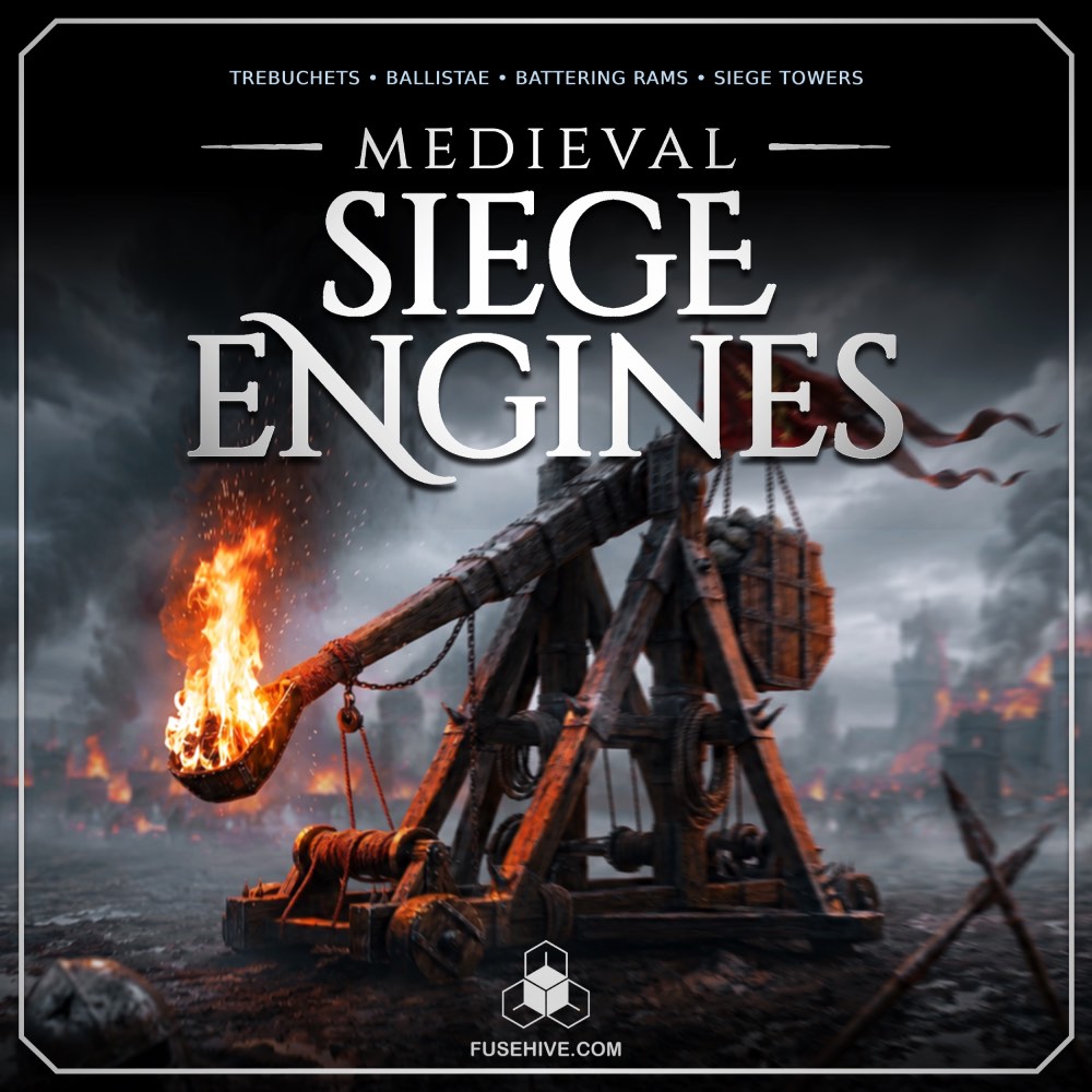 A large wooden trebuchet holds a flaming projectile, with a burning city visible in the background. The main text displays “Medieval Siege Engines,” accompanied by smaller text listing various types of siege engines.