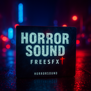 A sign displaying “HORROR SOUND FREESFX” and a small cross is lit on a wet street at night, with blurred red and blue city lights in the background.