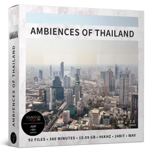 Box for “Ambiences of Thailand” sound library showing a cityscape with tall buildings. Product information includes 92 files, 360 minutes, 15.59GB, recorded in 96kHz/24bit WAV format, and available in 4.0 and 2.0 stereo formats.