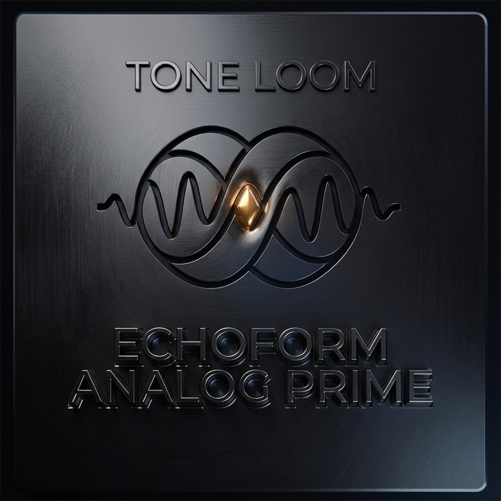 A metallic square displays the text “TONE LOOM” at the top, a wavy, intertwined logo with a gold diamond at its center, and the words “ECHOFORM ANALOG PRIME” beneath, all embossed on a dark background.