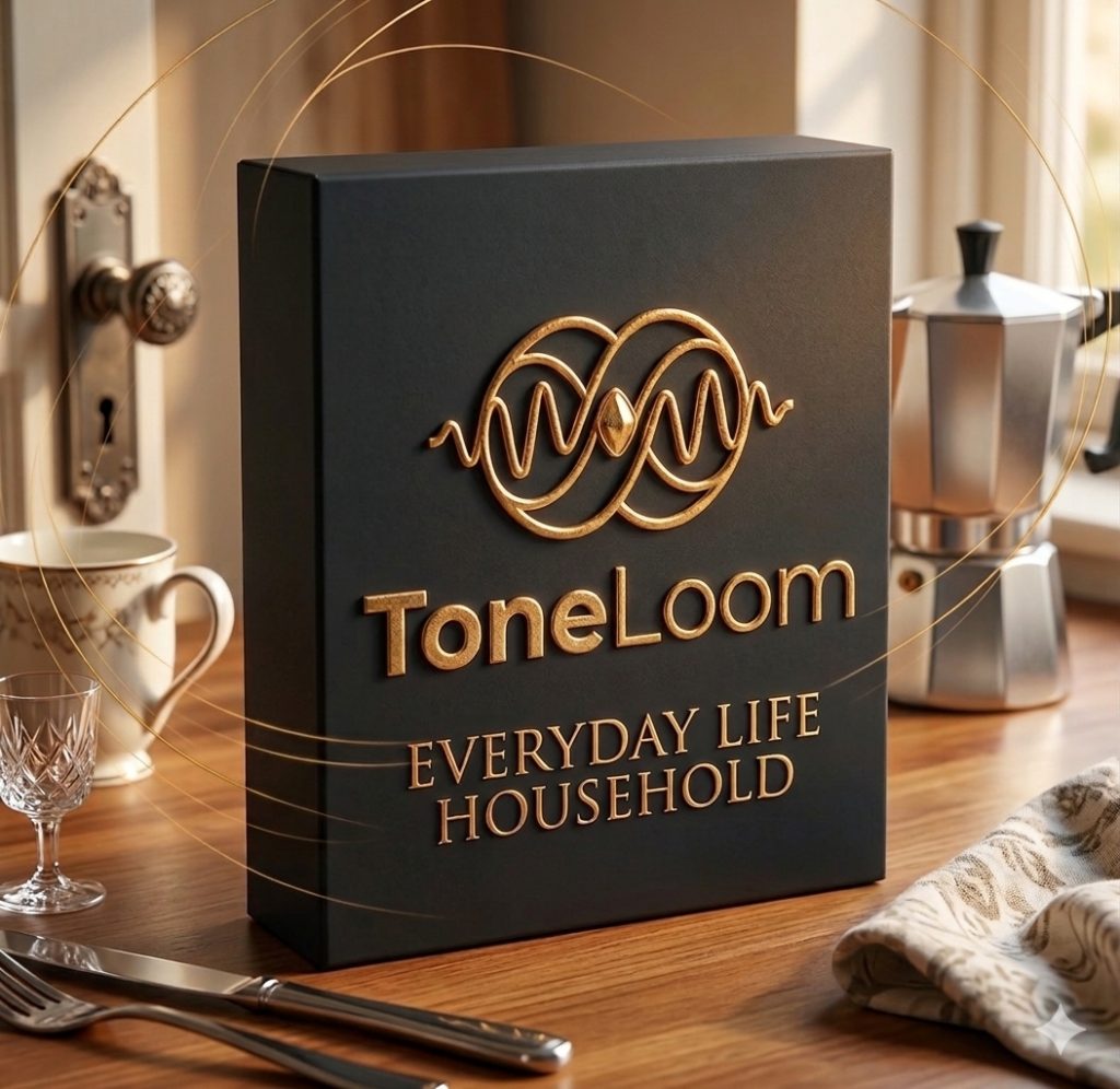 A black ToneLoom box with gold lettering reading “EVERYDAY LIFE HOUSEHOLD” rests on a kitchen countertop next to a coffee maker, various glassware, and a teacup placed near a window.