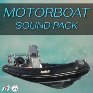 A black inflatable motorboat floats on water with the text “Motorboat Sound Pack” above it on a blue-green background. Logos are displayed in the bottom left corner.