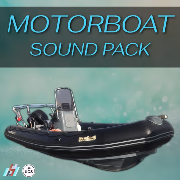 A black inflatable motorboat floats on water with the text “Motorboat Sound Pack” above it on a blue-green background. Logos are displayed in the bottom left corner.
