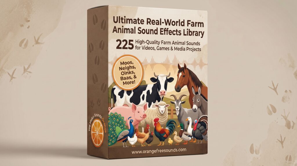 A box labeled “Ultimate Real-World Farm Animal Sound Effects Library” displays illustrations of various farm animals and advertises a collection of 225 sound effects for use in videos, games, and media projects.