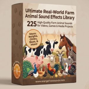 A box labeled “Ultimate Real-World Farm Animal Sound Effects Library” displays illustrations of various farm animals and advertises a collection of 225 sound effects for use in videos, games, and media projects.