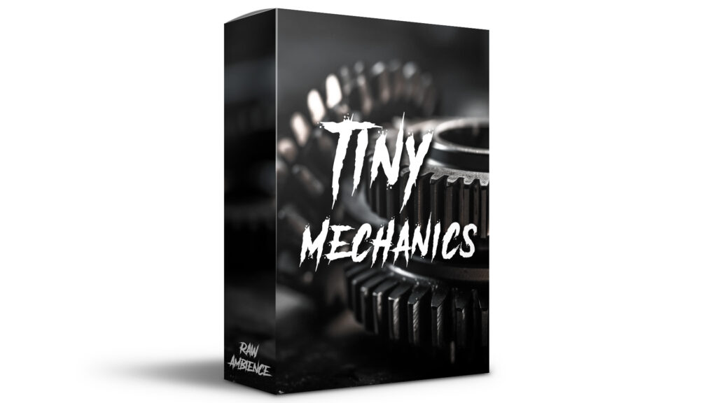 Product box featuring the text “Tiny Mechanics” in bold white letters over a background of close-up metal gears. The lower left corner displays “RAW AMBIENCE.” The design has a dark, industrial aesthetic.
