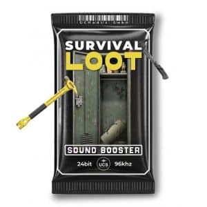 A black packet labeled “Survival Loot Sound Booster” displays a locker filled with supplies, a yellow crowbar, and audio specifications of 24bit and 96kHz.