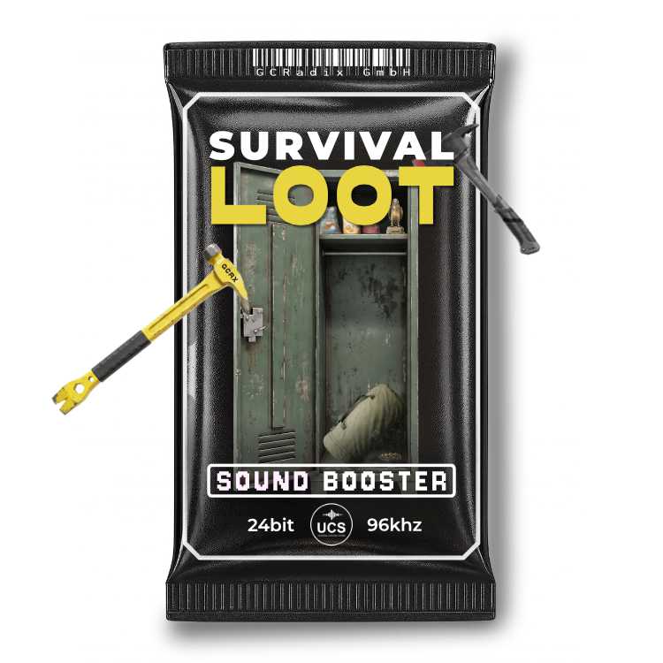 A black packet labeled “Survival Loot Sound Booster” displays a locker filled with supplies, a yellow crowbar, and audio specifications of 24bit and 96kHz.