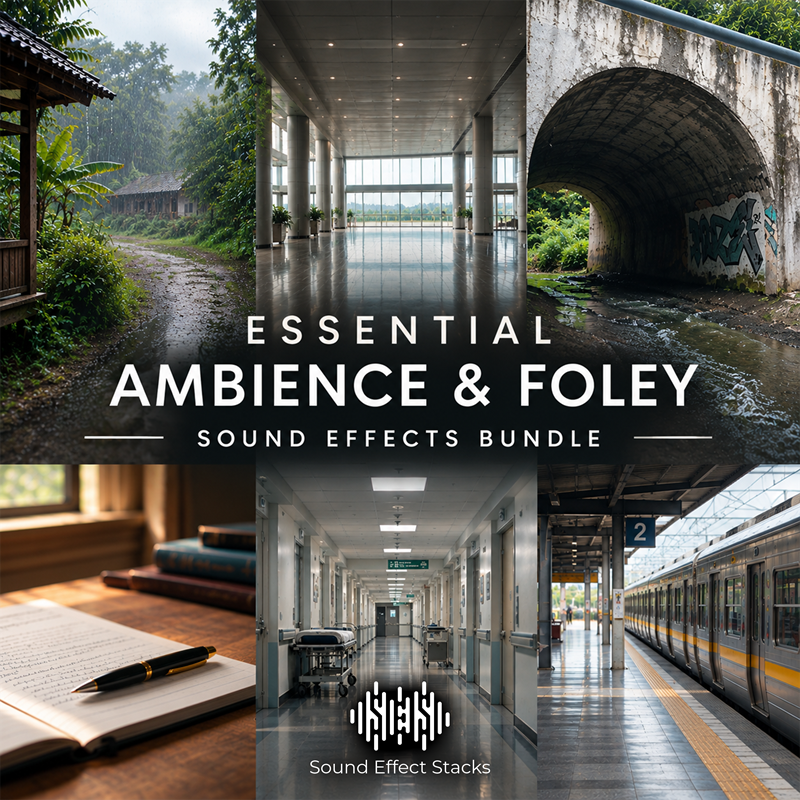 Collage featuring a rainy rural road, a modern lobby, a stone bridge over water, a hospital hallway, and a notebook with a pen. Overlaid text reads “Essential Ambience & Foley Sound Effects Bundle.”.
