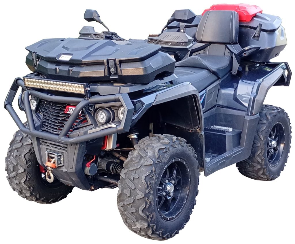 Black all-terrain vehicle (ATV) featuring rugged tires, an LED light bar, front winch, and storage compartments at the front and rear, isolated against a white background.