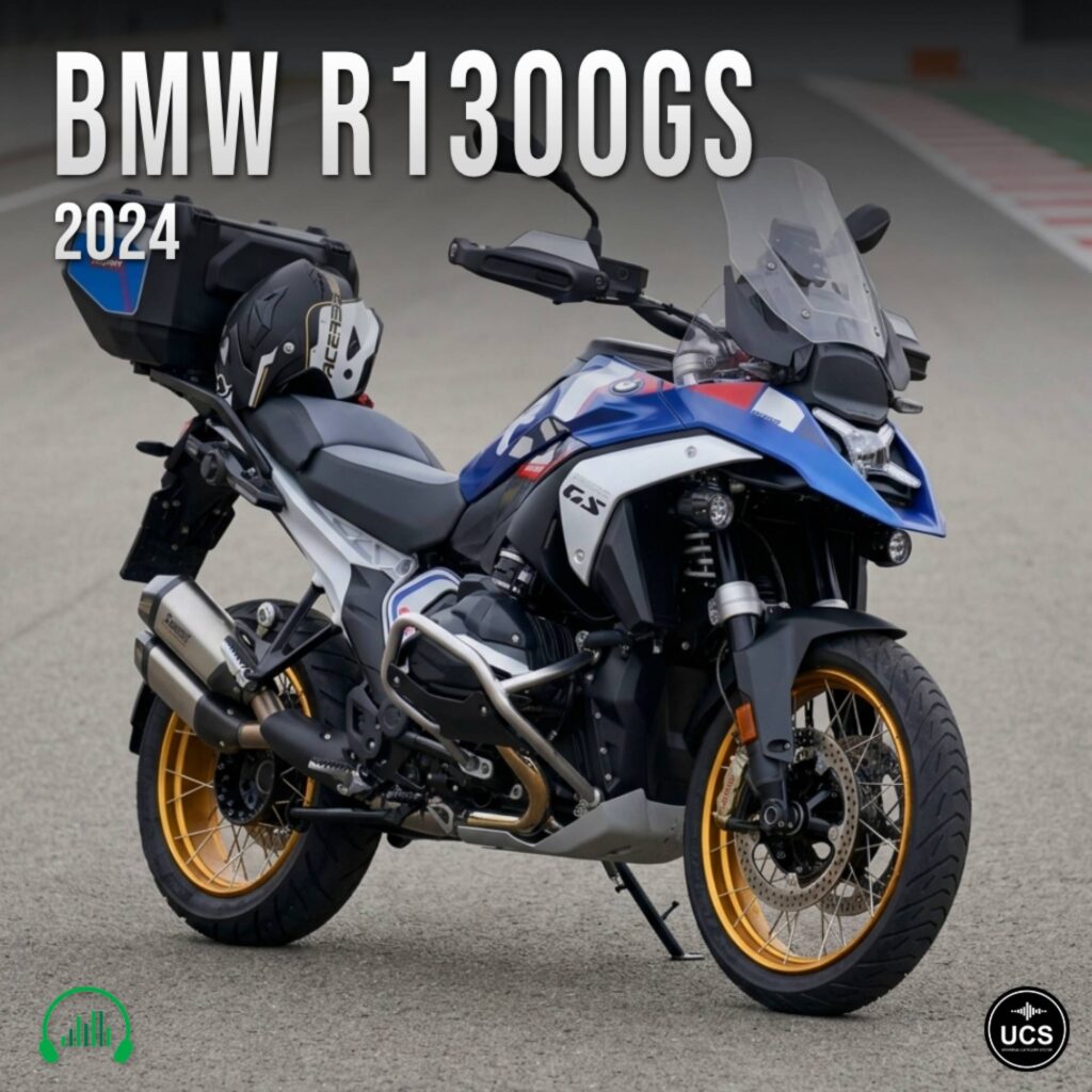 A blue 2024 BMW R1300GS motorcycle with gold rims is parked on pavement. The bike features a windshield, side cases, and a helmet placed on the rear. The model name appears in large white text at the top.