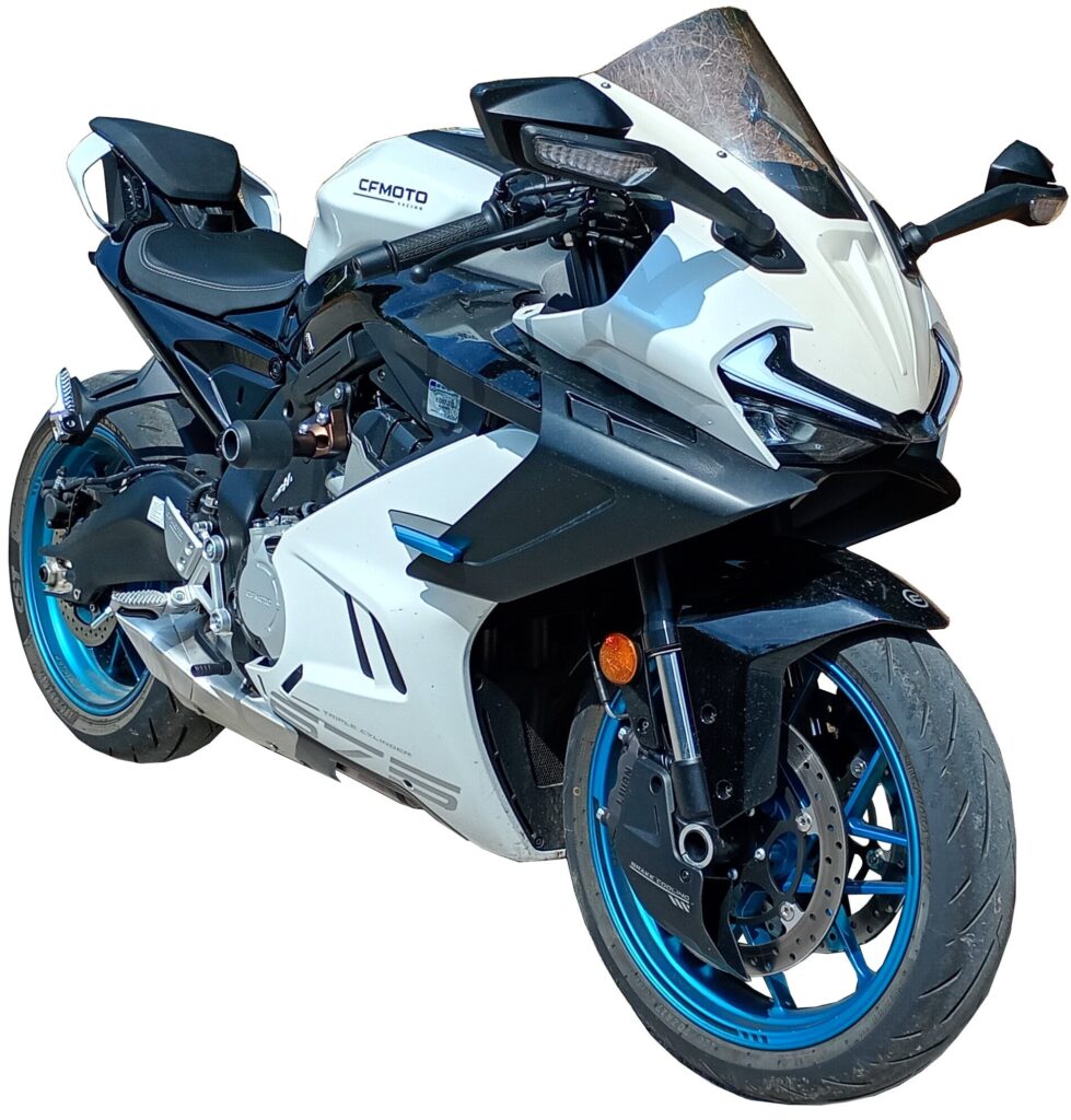 White and black sport motorcycle with blue-accented wheels, viewed from the front left side, featuring an aerodynamic design and modern components.