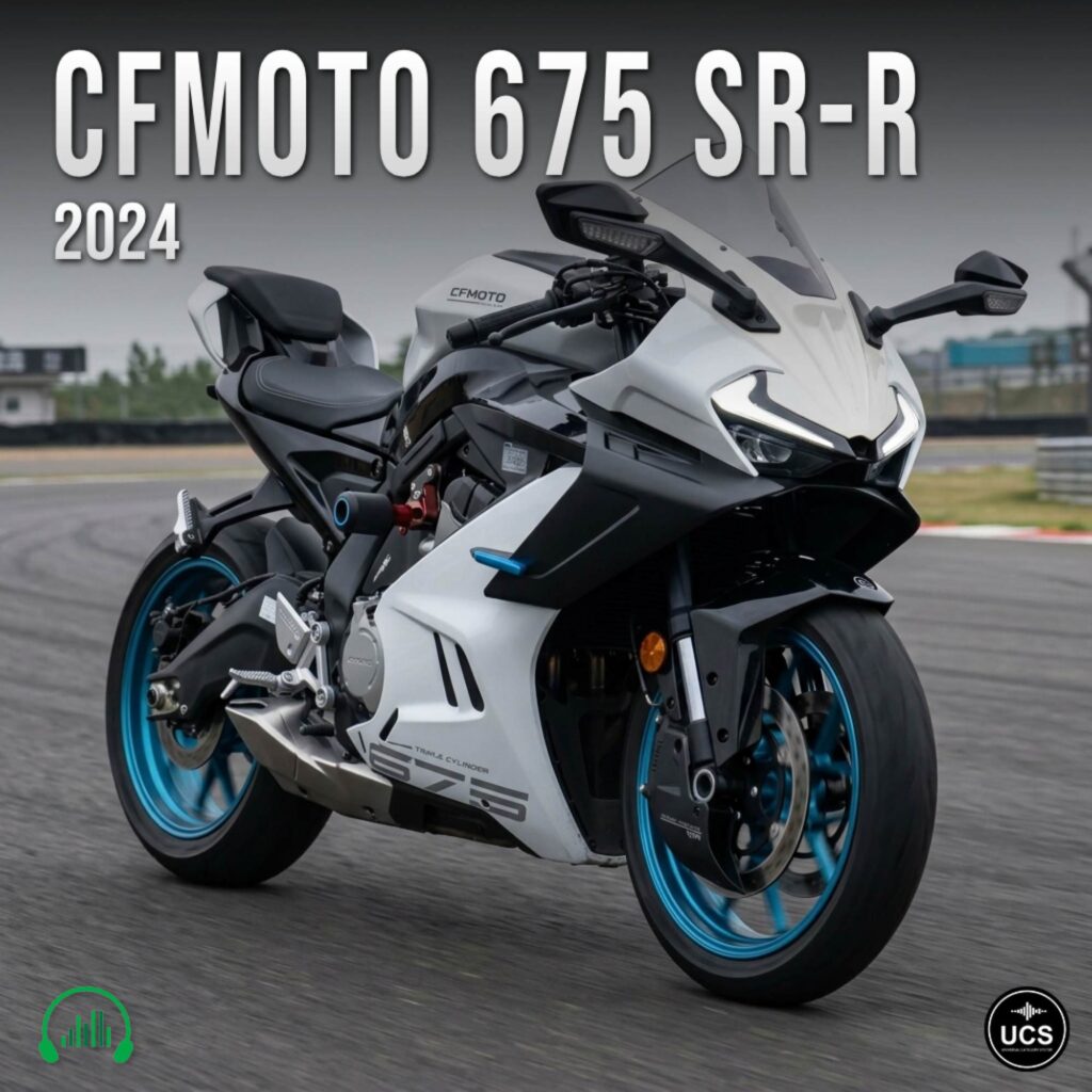 A white and blue 2024 CFMOTO 675 SR-R sport motorcycle is parked on a racetrack. The model name appears in bold text above, with logos present in the corners of the image.