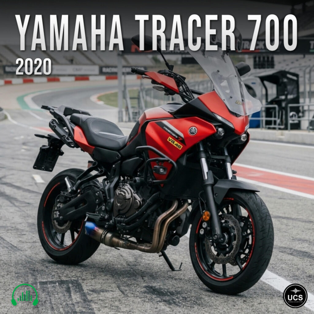 2020 Yamaha Tracer 700 motorcycle in red and black parked on a race track, with text labels and logos visible in the corners.