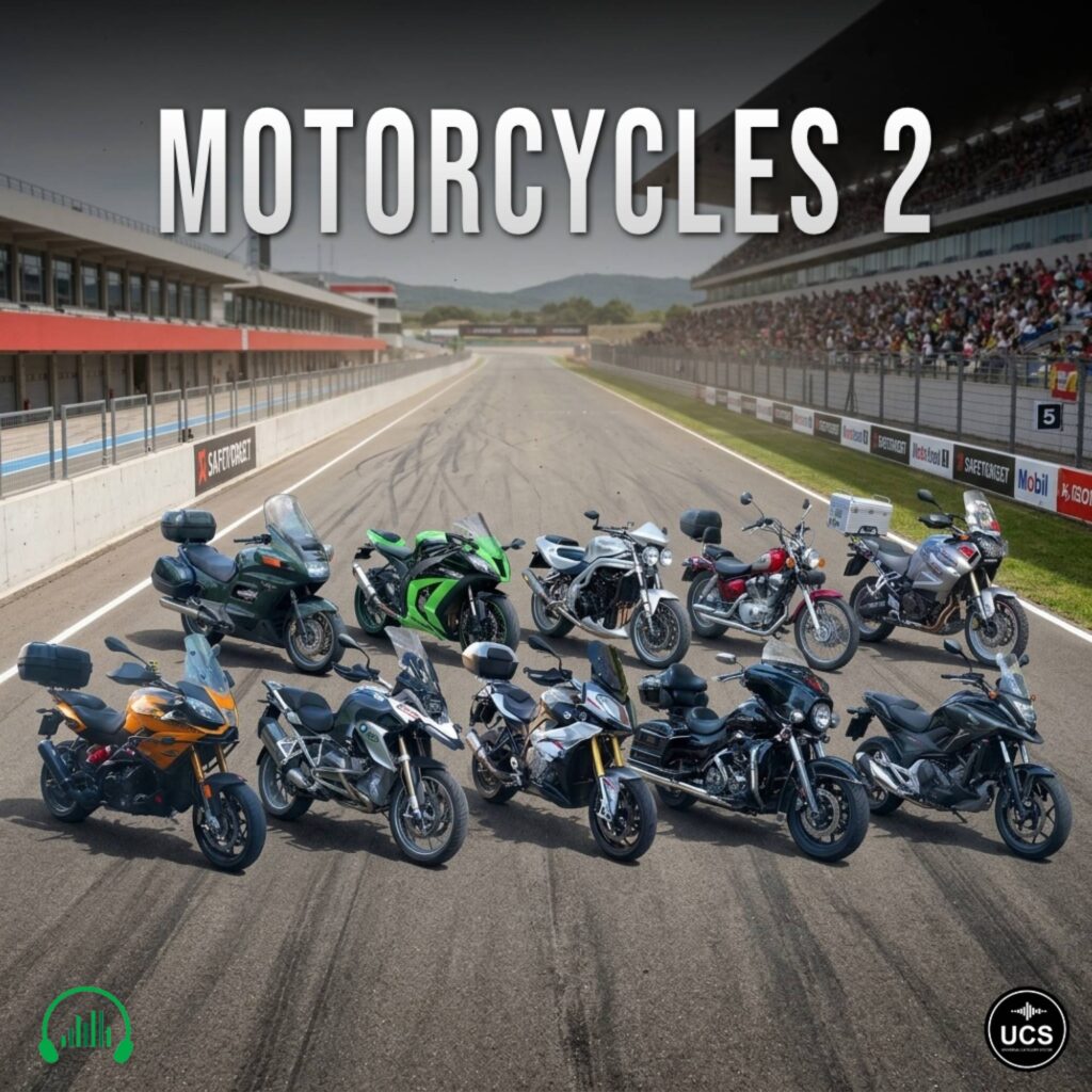 Ten motorcycles of different styles are arranged in a line on a race track. Empty grandstands are positioned on both sides, with the text “MOTORCYCLES 2” displayed above the motorcycles. Two logo icons appear in the bottom corners.