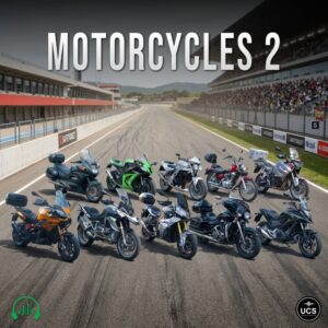 Ten motorcycles of different styles are arranged in a line on a race track. Empty grandstands are positioned on both sides, with the text “MOTORCYCLES 2” displayed above the motorcycles. Two logo icons appear in the bottom corners.