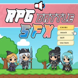 Four chibi RPG characters stand on grassy terrain. The text “RPG Battle SFX” appears above them. A menu on the right displays options: “CHIBI,” “Attack,” “Skill,” and “Use Item.” A speaker icon is shown at the top.