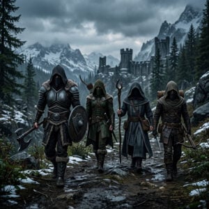 Four fantasy adventurers in hooded gear, including a warrior with an axe and shield, an archer, a staff-wielding figure, and a scout with a crossbow, walk along a snowy path toward a mountain fortress.