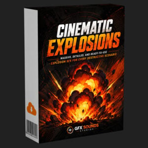 Cinematic Explosion Sound Effects box art depicts a large orange and red explosion featuring 400 plus explosion sounds.