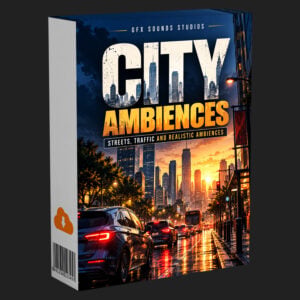 City Ambiences Sounds 250+ Urban Sound Effects box art depicts a bustling urban street with cars at sunset.