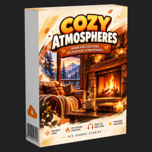 Cozy Atmospheres box art shows a room with a fireplace, snowy mountain view, and steaming coffee for ambience.