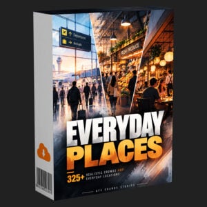 Everyday Places Sounds 325+ Crowd & Public Space Ambiences text overlaid on a split-screen airport and market.