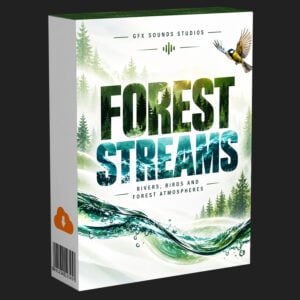 Forest Streams SFX Bundle product box features nature ambience for rivers, forests, rain and wildlife with forest landscape imagery.