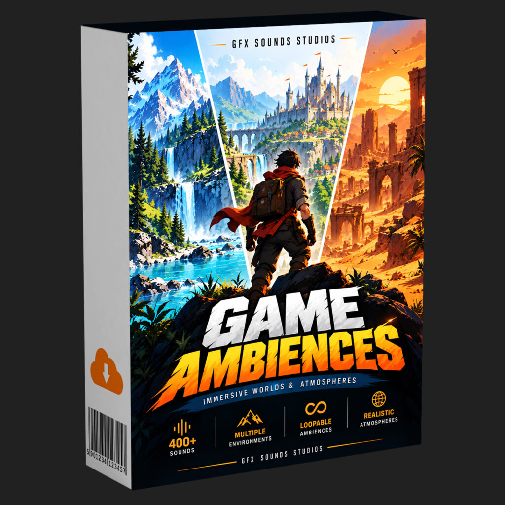 A traveler stands before a landscape of mountain waterfalls, stone castles, and desert ruins in Game Ambiences SFX Bundle.