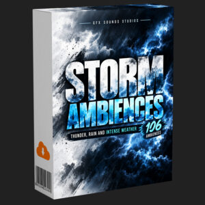 Storm Ambiences digital box art shows dark storm clouds and lightning with text about rain, thunder, and weather.