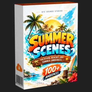 Summer Ambiences Sounds Bundle product box featuring beach, park, city, and outdoor crowd ambience and vacation sound effects.
