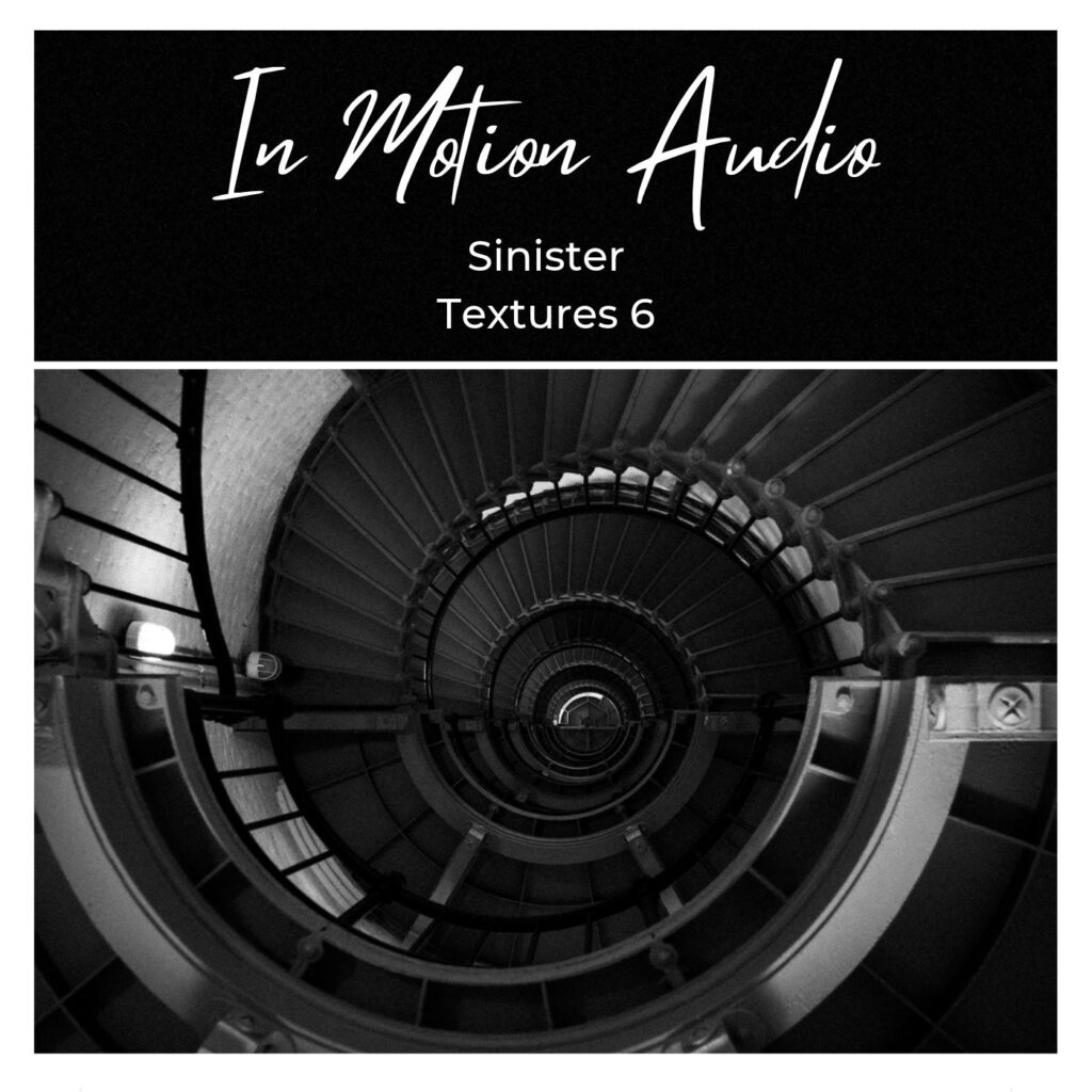Spiraling metal staircase in black and white, featured in Sinister Textures 6.