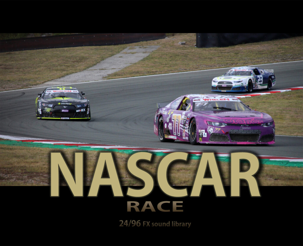 Three stock cars racing on an asphalt track with the text “NASCAR RACE 24/96 FX sound library” overlaid at the bottom.