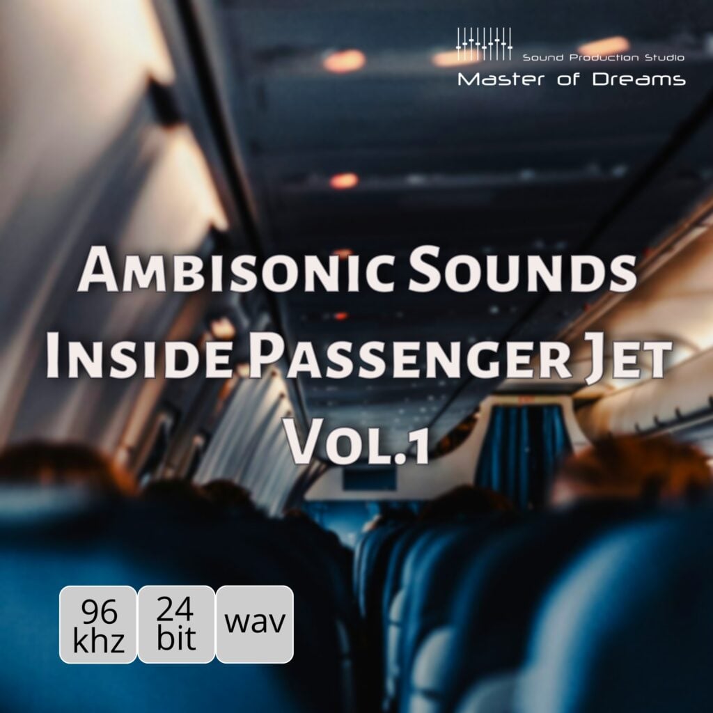 Passenger jet cabin interior featured in Ambisonic Sounds - Inside Passenger Jet Vol.1 with rows of seats receding backward.