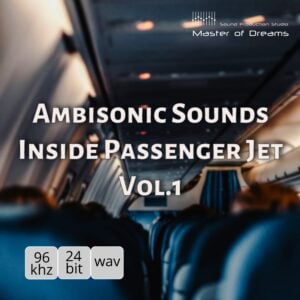 Passenger jet cabin interior featured in Ambisonic Sounds - Inside Passenger Jet Vol.1 with rows of seats receding backward.