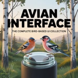 Two small colourful birds perch on an Avian Interface glass button in a birch forest.