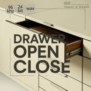 A cream-colored cabinet with an open wooden drawer features the text Drawer Open Close.