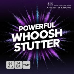 Powerful Whoosh Stutter text overlays a purple and blue radial light burst background.