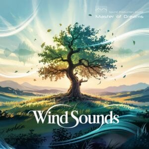 A solitary tree on a grassy hill with swirling wind patterns and a central Wind Sounds audio waveform.