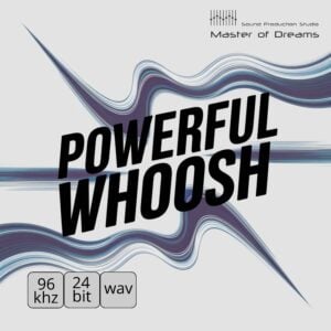Powerful Whoosh text sits in front of abstract dark purple and blue waves on a light grey background.