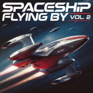 The Spaceship Flying By Vol.2 is a futuristic red-accented spacecraft flying through space near smaller distant ships.
