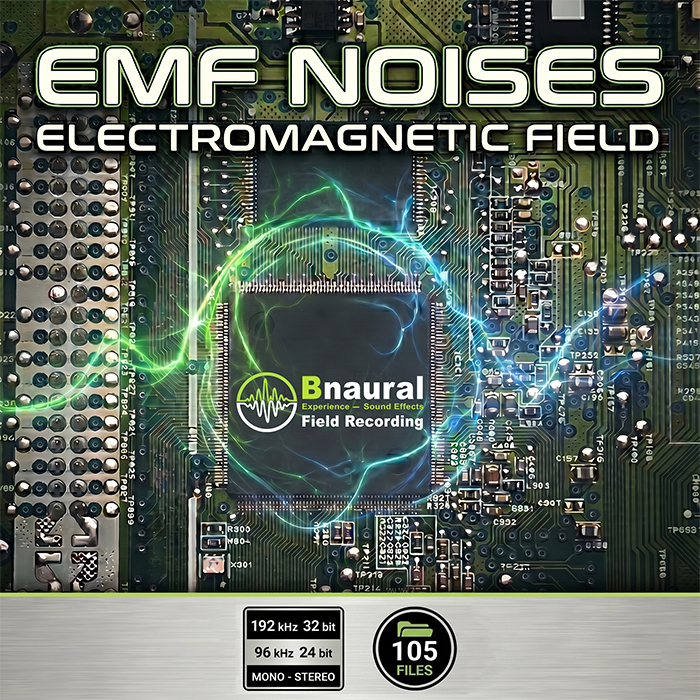 Album cover featuring a computer chip and circuit board illuminated by green and blue light effects. The text on the cover reads “EMF NOISES Electromagnetic Field” and “Binaural Field Recording.” A circle highlights the feature “105 files.”.