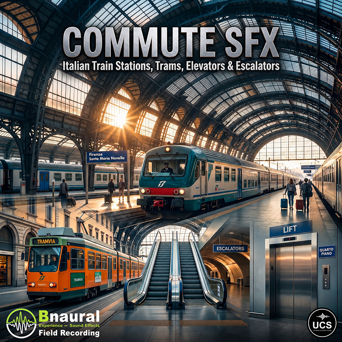 Cover for Commute SFX: Italian Train Stations, Trams, Elevators & Escalators, showing a train, tram, escalator and elevator.
