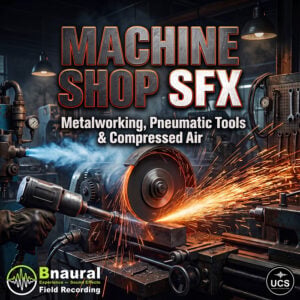 Machine Shop SFX: Metalworking, Pneumatic Tools & Compressed Air. An angle grinder cuts a metal bar, creating sparks in a workshop.